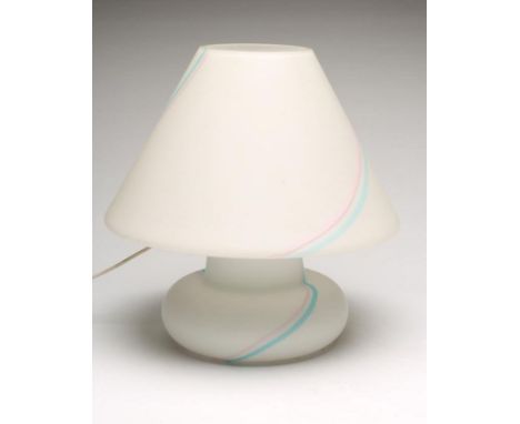 A MURANO GLASS VETRI LAMP BASE AND SHADE, modern, the white opaque conical shade and baluster base with pink and blue striati