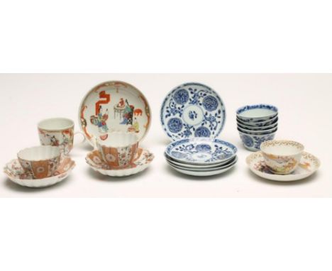 A COLLECTION OF CHINESE PORCELAIN comprising a tea bowl and saucer painted with a river scene, a pair of fluted tea bowls and