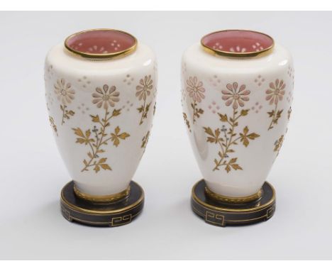 A PAIR OF VICTORIAN MINTONS CHINA AESTHETIC VASES, possibly designed by Christopher Dresser, of rounded conical form, each wi