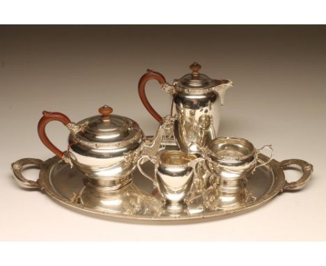 A SILVER FOUR PIECE TEA AND COFFEE SERVICE, maker Adie Bros., Birmingham 1937, of rounded conical form, with cast and applied