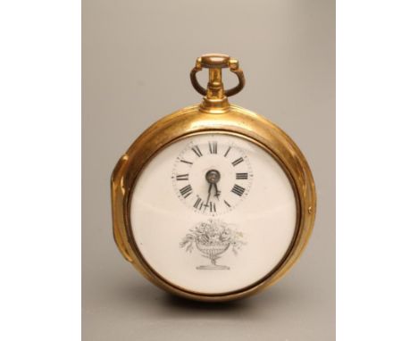 A GEORGE III GILT METAL PAIR CASED POCKET WATCH, the white enamel dial with a small chapter ring with black Roman numerals ov