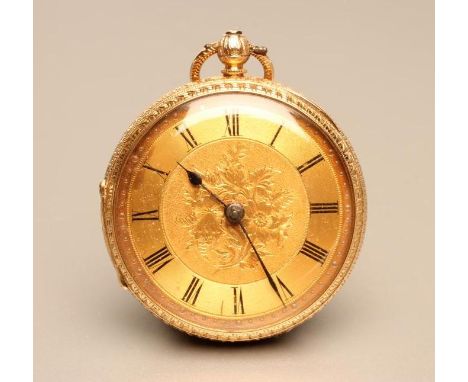 A VICTORIAN 18CT GOLD KEY WIND POCKET WATCH, the gilt metal dial with engine turned chapter ring and black Roman numerals enc