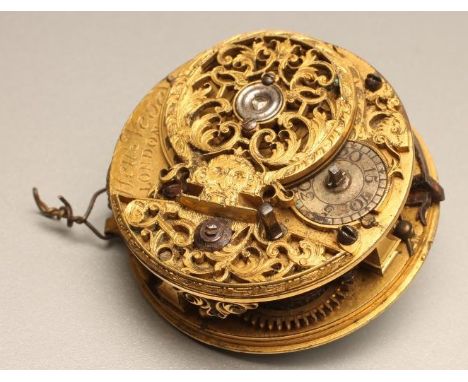 AN EARLY 18TH CENTURY VERGE MOVEMENT, the white enamel dial with black Roman and Arabic numerals, the movement with square ba
