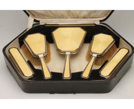 AN ART DECO SIX PIECE SILVER DRESSING TABLE SET, maker Henry Charles Dewar, Birmingham 1926, the  primrose yellow guilloche e