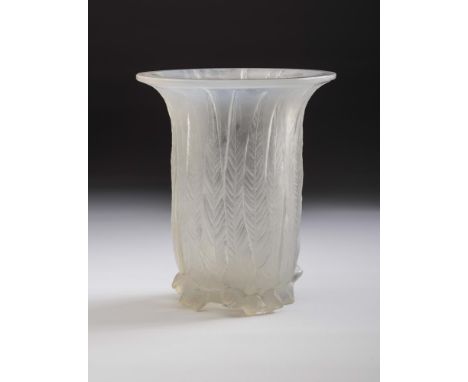 A LALIQUE BLUE OPALESCENT GLASS VASE of flared cylindrical form, moulded with the "Eucolyptus" pattern, moulded "R LALIQUE", 