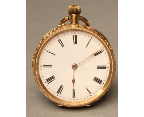 AN 18K GOLD SMALL TOP WIND POCKET WATCH, the white enamel dial with black Roman numerals, jewelled bar lever movement, hinged