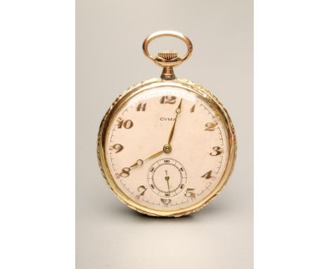 A 14KT GOLD CYMA TOP WIND DRESS WATCH, the silvered dial with applied gilt metal Arabic numerals enclosing subsidiary seconds