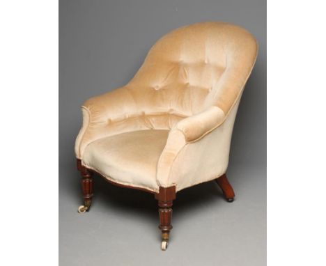A VICTORIAN MAHOGANY FRAMED ARMCHAIR, button upholstered in champagne dralon, arched back and scrolled arms, overstuffed serp
