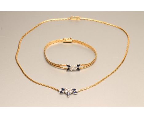 A DIAMOND AND SAPPHIRE NECKLACE WITH MATCHING BRACELET, each 18ct gold flat link chain centred by a five stone diamond and ma