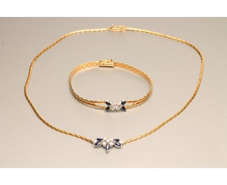 A DIAMOND AND SAPPHIRE NECKLACE WITH MATCHING BRACELET, each 18ct gold flat link chain centred by a five stone diamond and ma