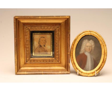 ENGLISH SCHOOL (c.1700), A Gentleman wearing a Powdered Wig and Red Coat, oval, oil on copper, unsigned, 5 1/2" x 3 3/4", gil