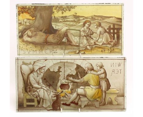 A PAIR OF ARTS AND CRAFTS GREEN TINTED GLASS PANELS of plain oblong form painted in sombre enamels allegorical of "Summer" wi