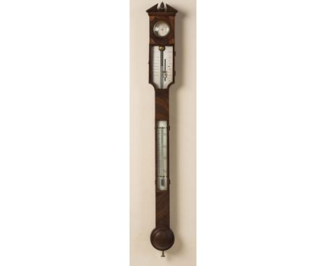 AN INLAID MAHOGANY CASED STICK BAROMETER by Fasana, Bath, c.1800, with silvered registers, inset Fahrenheit thermometer and d