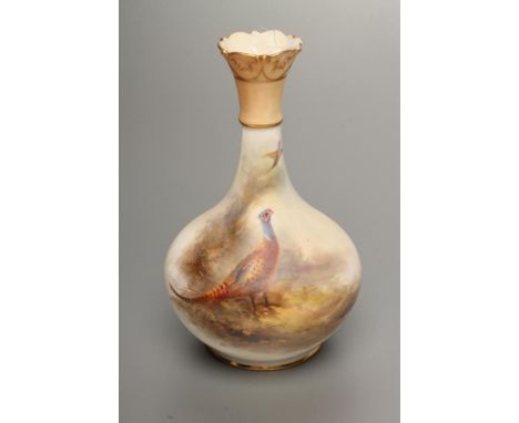 A ROYAL WORCESTER CHINA VASE, 1912, of baluster form painted in polychrome enamels by James Stinton, with a pheasant in open 