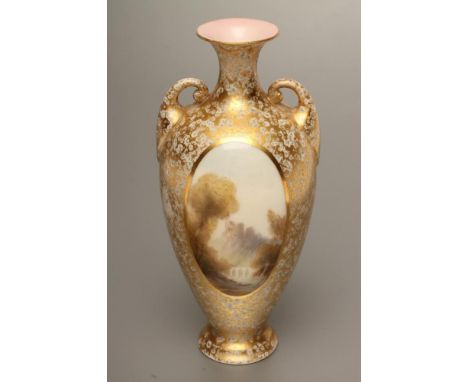 A ROYAL WORCESTER CHINA VASE, 1913, of slender ovoid form with two scroll handles, painted in muted enamels by Rushton with a