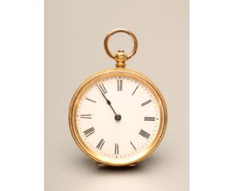 AN 18KT GOLD KEY WIND POCKET WATCH, the white enamel dial with black Roman numerals, jewelled bar lever movement with hinged 