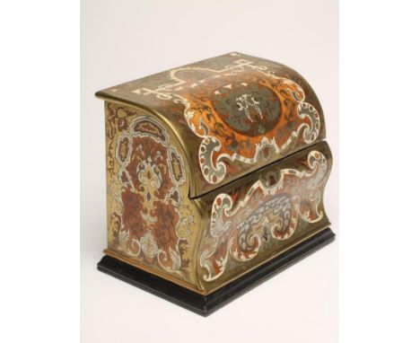 A VICTORIAN STATIONERY CASKET of vertical oblong form with double hinged domed and ogee fall front, all over inlaid in gilt a