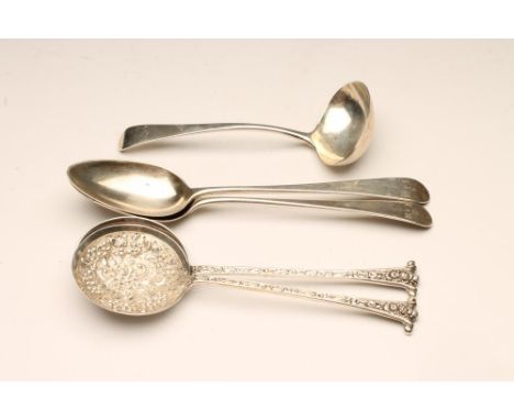 A PAIR OF LATE GEORGE III SILVER DESSERT SPOONS, maker Peter and Ann Bateman, in Old English pattern engraved I*SM, 8 1/4" lo