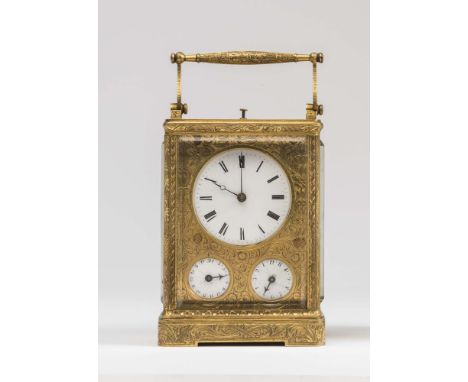 A FRENCH BRASS CASED CARRIAGE CLOCK by Leroy Paris, the twin barrel repeater movement with platform escapement striking on a 