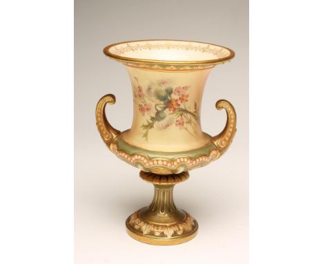 A ROYAL WORCESTER CHINA CAMPANA URN, c.1900, painted in polychrome enamels with wayside flowers on a blush ivory ground withi