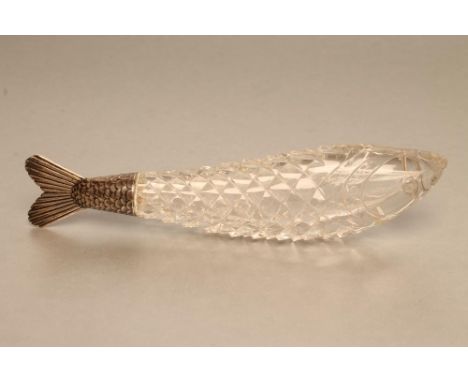 A VICTORIAN SILVER MOUNTED WEBB CRYSTAL NOVELTY FISH SCENT BOTTLE, maker Sampson Mordan, London 1884, the scale cut fish engr