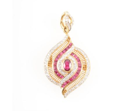 A modern ruby and diamond brooch/pendant, a central oval mixed cut ruby encircled by bands of brilliant cut diamonds and squa