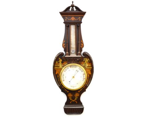 Edwardian inlaid mahogany aneroid barometer, marquetry and ivory inlaid decoration of maidens, cornucopias, swags and festoon