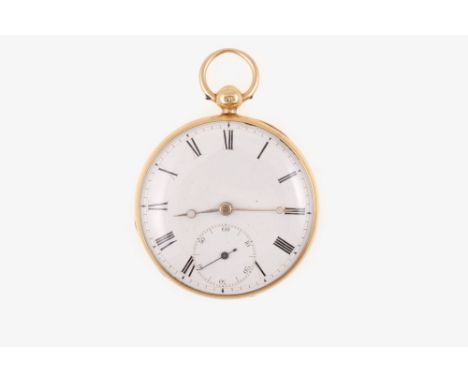 An 18 carat yellow gold open face pocket watch, the white enamel dial having a Roman numeral chapter ring and subsidiary seco