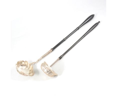 George II silver punch ladle, Isaac Cookson, Newcastle 1750, fluted bowl, turned ebony handle, 42cm; and a white metal punch 