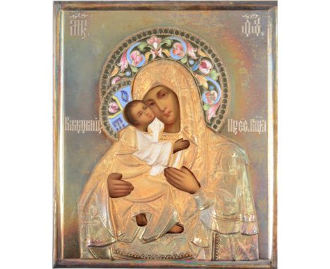 Russian icon, silver gilt oklad, Moscow 1899-1908, Mother of God, cloisonné enamel halos and shaded, 13 x 11cm.