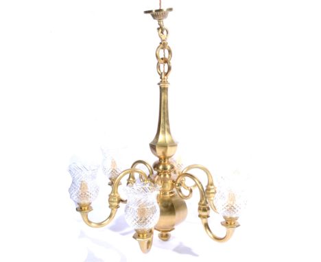 Dutch style brass six-light chandelier, fitted for electricity, with S-scroll brackets, octagonal column and finial piece, 90
