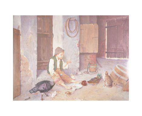 Lucot after Gaetano Chierici, Boy in a yard with a cat, chickens and fowl, inscribed Lucot J'apres Chierici, enamel seemingly