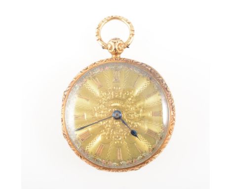 An 18 carat yellow gold open face pocket watch, the highly decorative gold dial having a Roman numeral chapter ring and raise