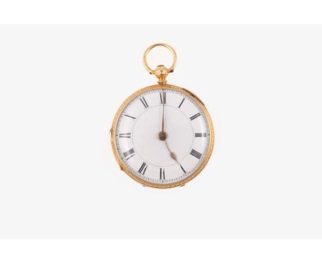 A small 18 carat yellow gold open face pocket watch, the white enamel dial having a Roman numeral chapter ring in a scroll en