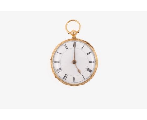 A small 18 carat yellow gold open face pocket watch, the white enamel dial having a Roman numeral chapter ring in a scroll en