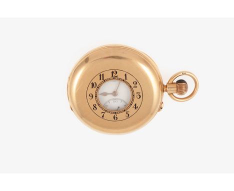 J W Benson London - an 18 carat yellow gold demi hunter pocket watch, the white enamel dial with an arabic numeral chapter ri