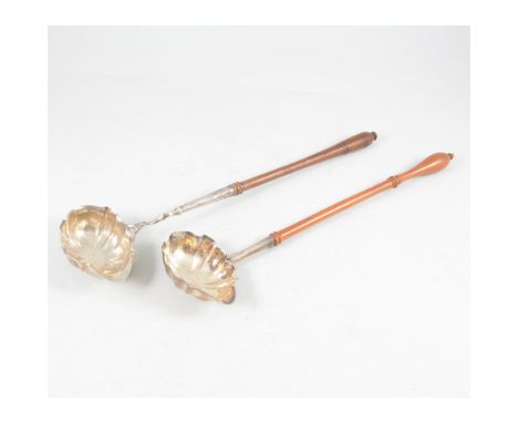 George III silver punch ladle, David Mowden, London, 1764, fluted bowl, turned fruitwood handle, 33cm; and a similar ladle, i