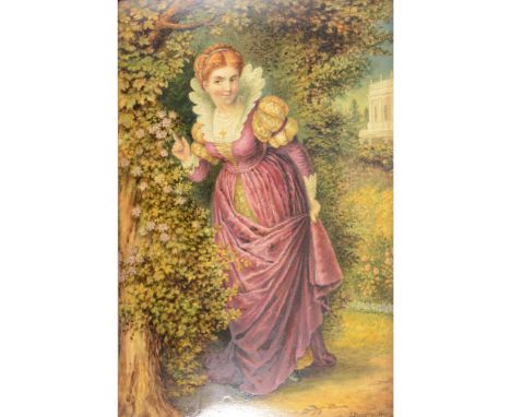 E Broughton, Young lady in a garden, signed and dated 1876, enamel seemingly over a printed foundation on a porcelain plaque,
