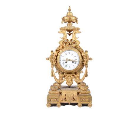 Louis XVI style gilt metal mantel clock, circa 1900, white enamel dial painted with swags, cylinder movement by A D Mougin, n