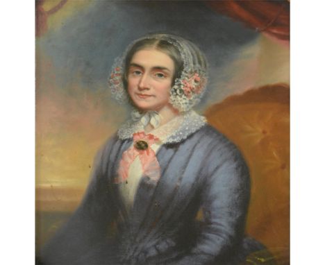 Horatio F Gibbs, Portrait of a Lady, half length, trade label verso, oil on board, 30cm x 25cm.