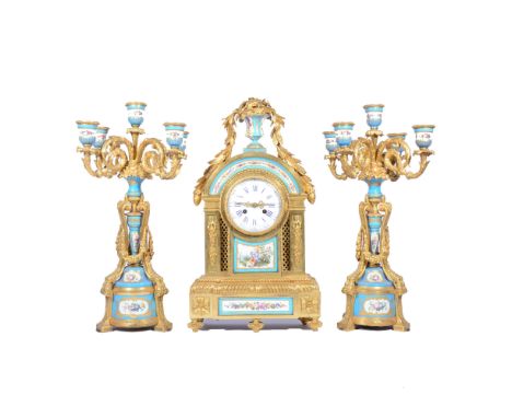 Louis XVI style gilt metal and Bleu Celeste porcelain clock garniture, late 19th century, the clock with enamel dial, cylinde