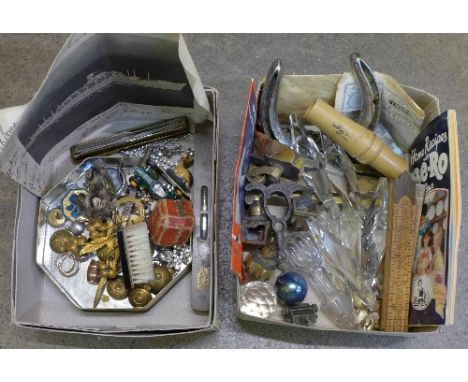 Two boxes of assorted items including uniform buttons, glass lustres, corkscrew, ruler, paste jewellery, etc.