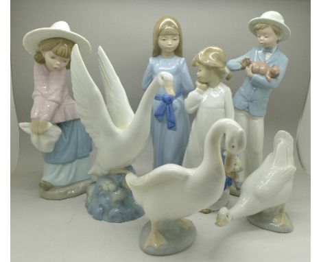 Four Nao figures of children and three Nao birds, (7)