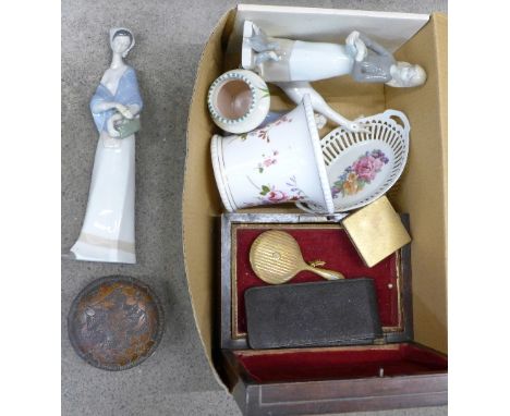 A 19th Century workbox, jewellery, a Lladro figure of a goose, two Sitzendorf figures, Derby Posies vase, Poole vase, etc.