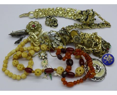 Costume jewellery including an early gemstone and enamel brooch