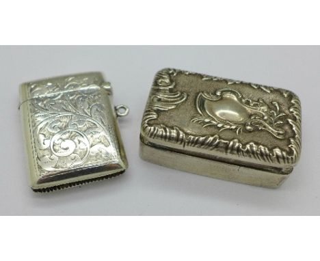 A Victorian silver snuff box, London 1891, Brewis & Co., Child & Child, London S.W. and a silver vesta case, Birmingham 1919