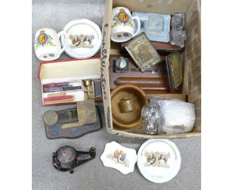 Glassware, commemorative mugs and china, scales, sealing set, etc.