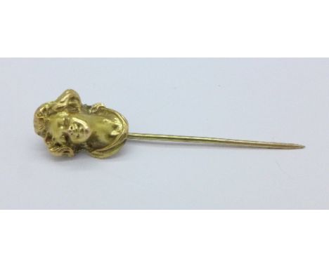 An Art Nouveau style stick pin (tests as gold), 3.7g, mark on pin