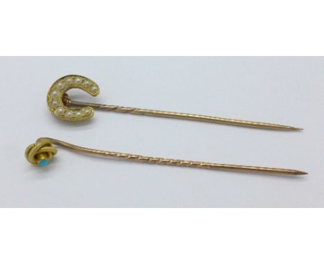 A 9ct gold and turquoise stick pin and a seed pearl set stick pin, 4g