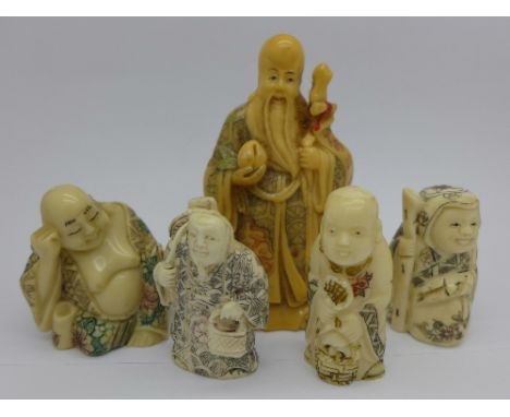 Three netsuke and two other figures